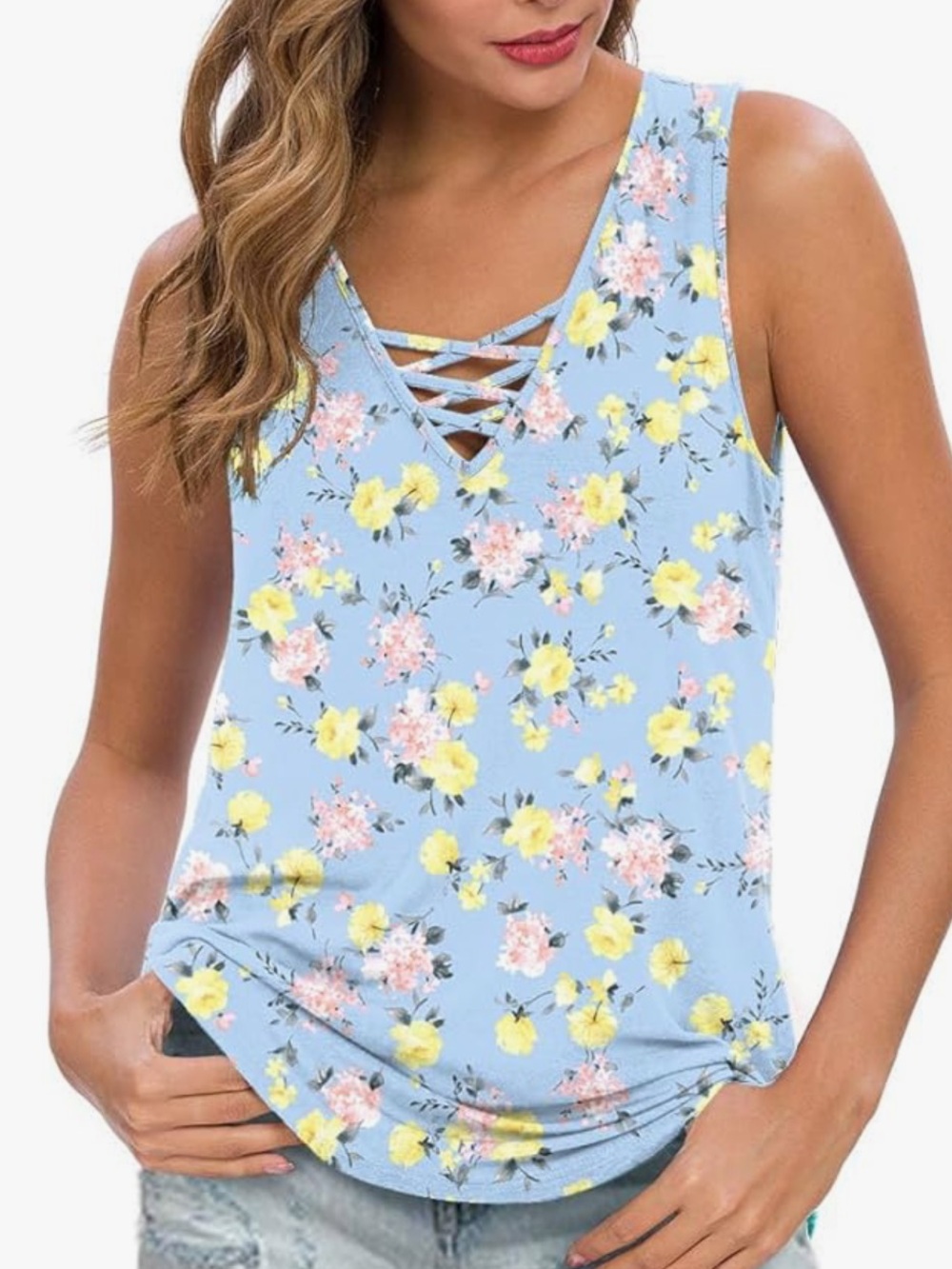 Chic Nation Light Blue Floral Crisscross Tank